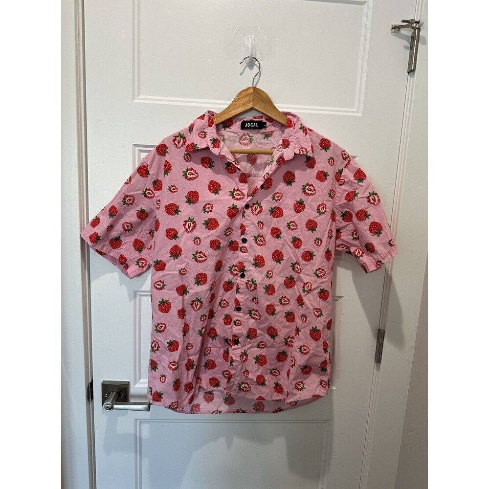 Jogal Short Sleeve All Over Strawberry Button Up Pink Size Large Hawaiian